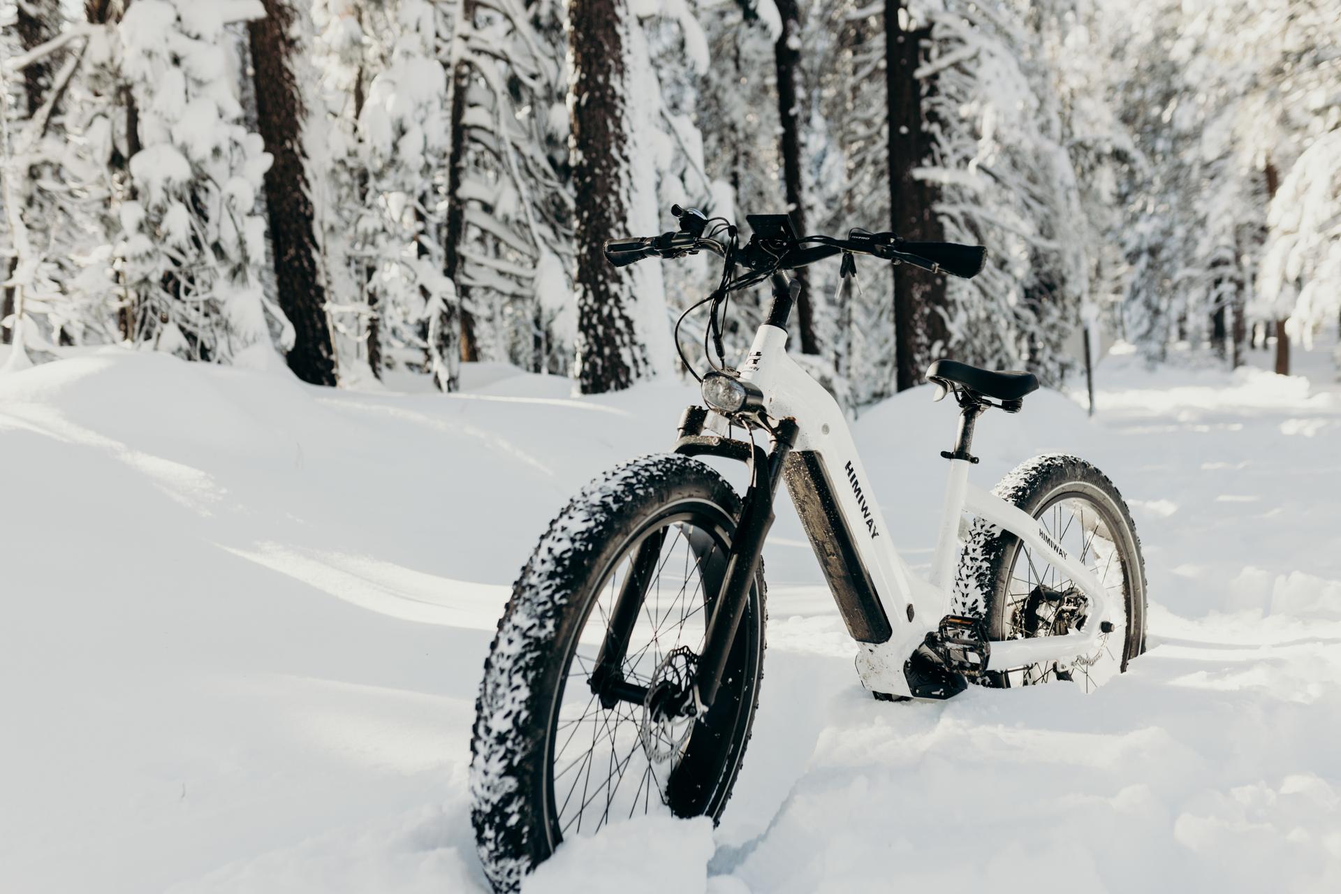 Riding e fat bike through snow on holiday